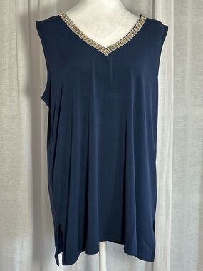 JM Collection Navy Sleeveless V-Neck Tank with Gold Beaded Trim